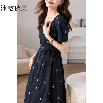 【重工刺绣泡泡袖连衣裙】2023夏新款时尚休闲收腰显瘦连衣裙蓝色M	